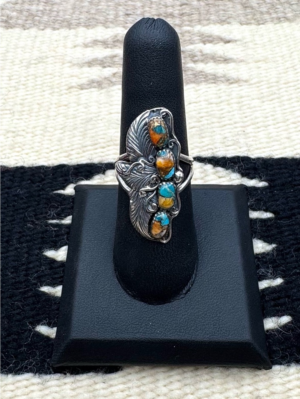 Southwest Style Sterling Silver Mojave Turquoise Spiny Oyster Multi Stone Ring 7